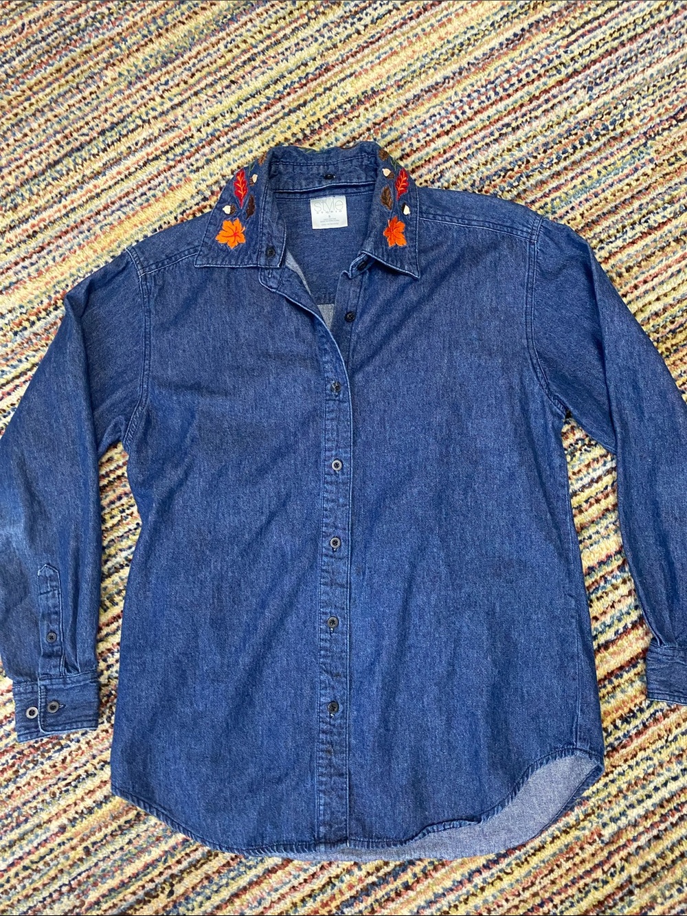 Vtg Denim Embroidered Collar Button-Up Shirt